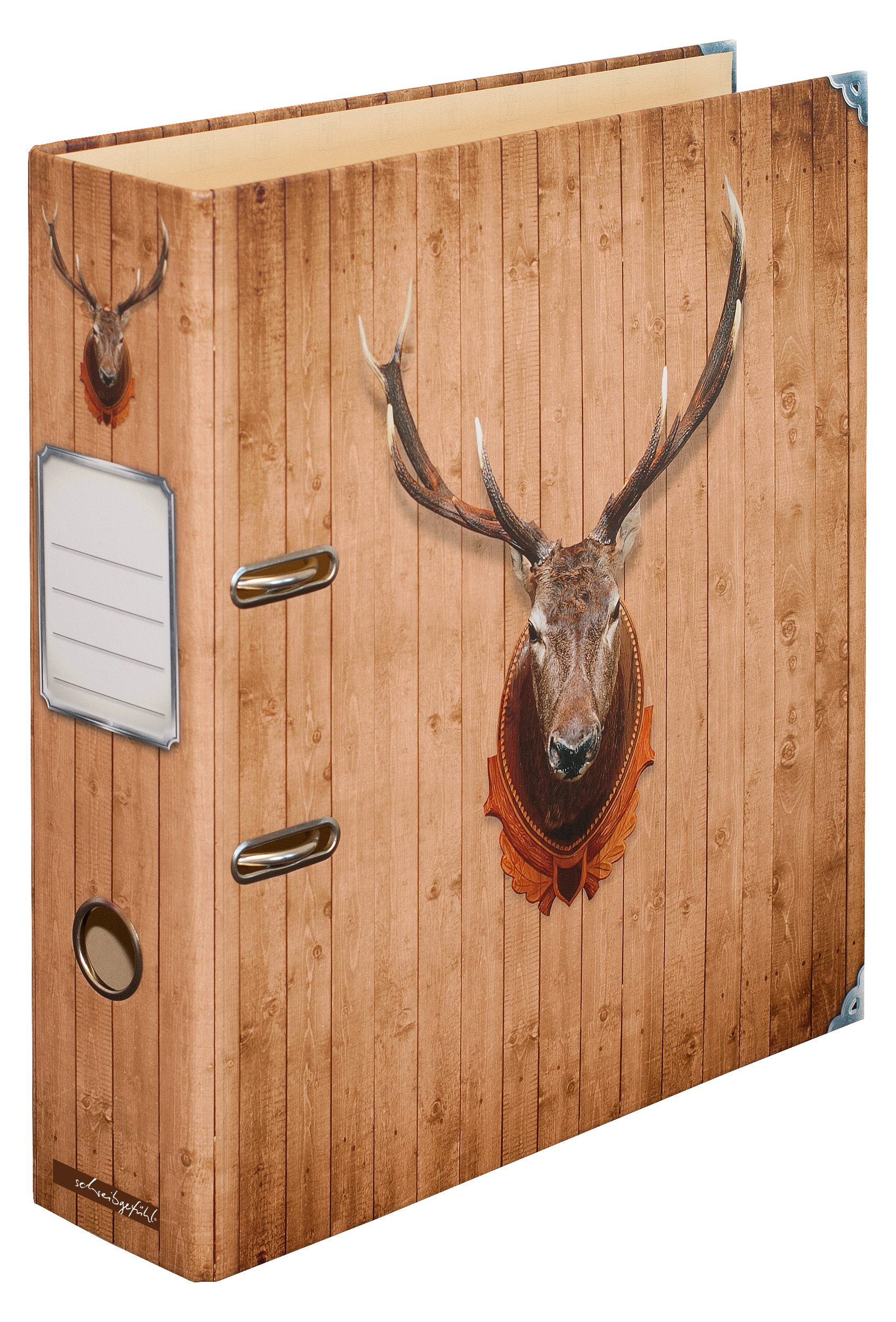 Der Motivordner "Rotwild" im braunen Holz-Design mit Hirsch-Motiv erzeugt eine gemütliche Atmosphäre.